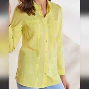 🌻 SOFT SURROUNDING SURFSPRAY LINEN LACE YELLOW BUTTON FRONT SHIRT OVERSIZE